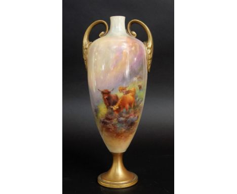 A Royal Worcester two handled vase of shouldered form with painted decoration of highland cattle in a landscape setting signe