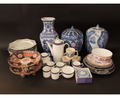 A collection of ceramics including a contemporary oriental blue and white vase, two further modern and oriental vases and cov