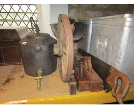 A large 19th century cast iron hearth kettle with pronounced brass tap, together with a set of cast iron kitchen scales, thre