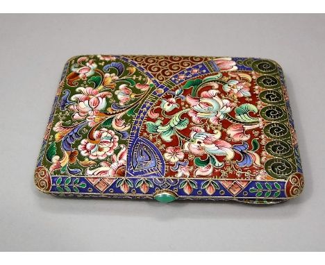 Exquisite early 20th century Russian silver and enamel cigarette case by Vasili Naumov (fl. 1908-1917) of Moscow, the hinged 