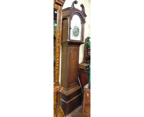 A Georgian oak 'World Time' longcase clock, the hood with Corinthian columns and swan neck pediment, enclosing a painted brok