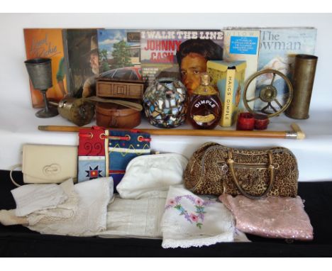 Mixed miscellaneous lot to include a boxed Haigh's dimple whiskey bottle with contents, various further metal ware, a mosaic 