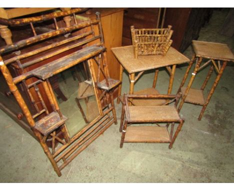 Two bamboo occasional tables and a further small bamboo letter rack, a bamboo wall mirror with additional shelves and a furth