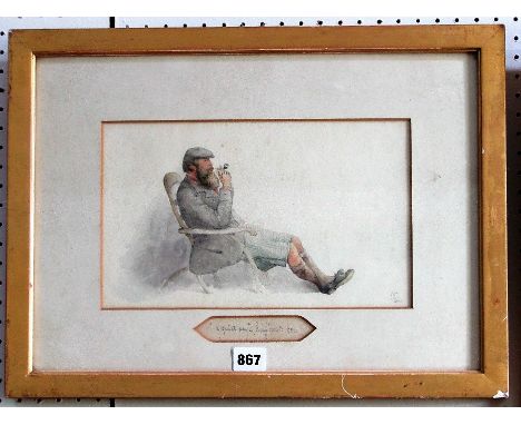 A 19th century pencil and watercolour study of a seated pipe smoking man in cap and kilt, signed monogram bottom right, inscr