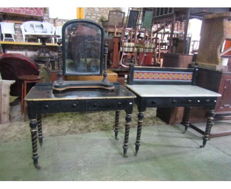 A Victorian pine bedroom pair with ebonised painted finish comprising marble top washstand with raised back incorporating a f