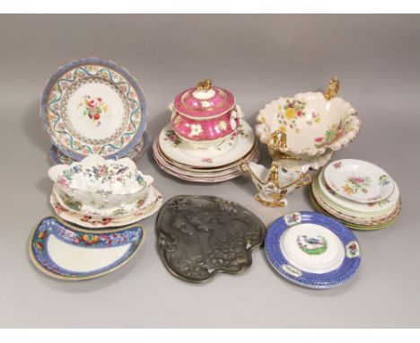 A collection of 19th century and later decorative ceramics including a pair of dessert plates with painted floral sprays, a p