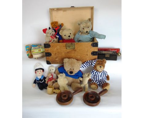 A wooden trunk containing various vintage teddies and toys; with another box of interesting items to include treen, metalware