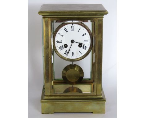 Brass and bevelled glass Four glass mantle clock, 3.5 inch two train enamel dial with Roman numerals, striking on a bell, 26 