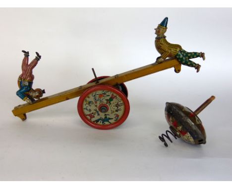 Vintage tin plate toy of clowns upon a see saw