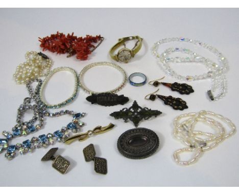 A mixed lot to include a coral necklace, a pair of tortoise shell pique earrings and a pair of silver cufflinks, etc