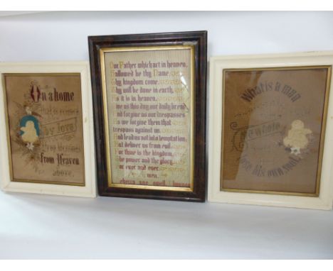 Three religious tapestry pictures, one depicting the lords prayer and two others decorated with cherubs and foliage (3)