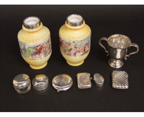 Mixed collection of bijouterie silver to include two vesta cases, two trinket boxes, compact, silver lidded glass jar and sil