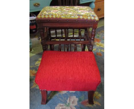 An Edwardian piano stool with turned spindle mouldings and hand worked tapestry seat top together with a further stool on swe