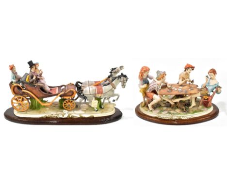 Two Capodimonte groups, one of children playing cards, length 48cm, the other of a horse and cart (2).Additional InformationO