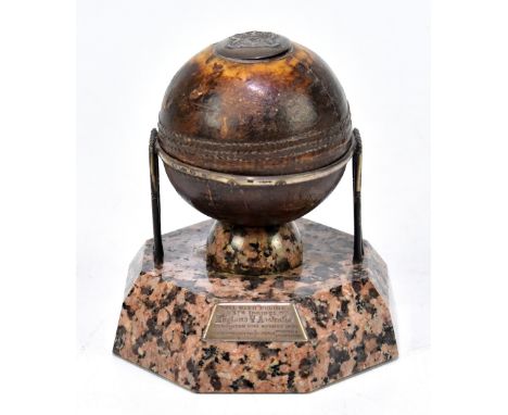 CRICKET - ENGLAND v AUSTRALIA; a late Victorian presentation cricket ball, the ball mounted on a hallmarked Scottish silver s