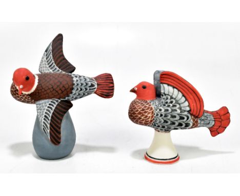 NORMAN MAKINSON (1921-2010); two Studio Pottery sculptures of pigeons in flight, circa 2008, height of largest 17cm, and are 