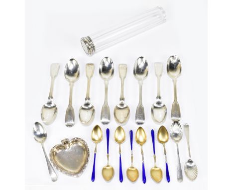 WILLIAM CATTELL; a set of eight George IV hallmarked silver teaspoons each with engraved family motto to the handles, London 