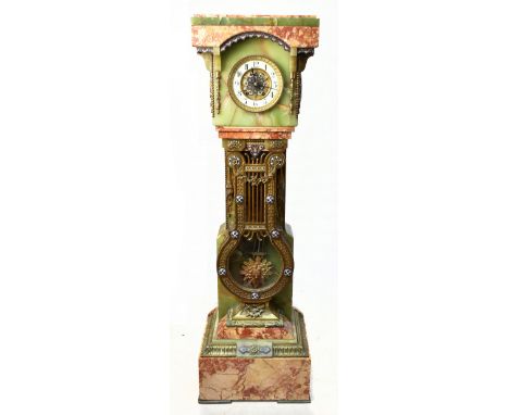 A rare and unusual late 19th century French onyx marble and cloisonne detailed longcase clock of small proportions with Arabi