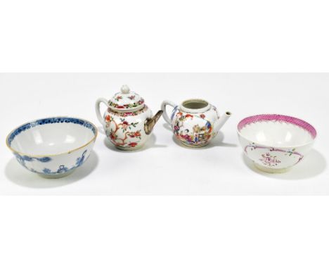 Two Chinese 18th century porcelain teapots including a Famille Verte example with later white metal spout, height 12.5cm, and