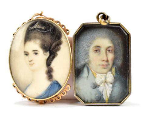 A 19th century watercolour on ivory portrait miniature of a young lady in a blue dress, in a yellow metal bracelet mount, wit