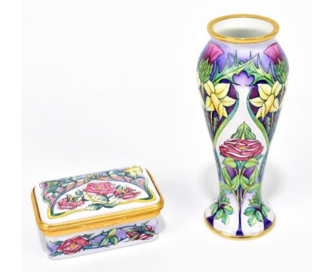 MOORCROFT; an enamel vase decorated with daffodils, thistles and roses, height 10.5cm, with a matching enamel box, length 6cm