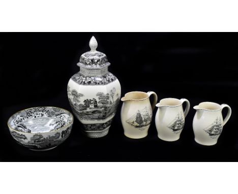 SPODE; a trio of water jugs each with printed decoration of various sailing vessels including ‘Windsor Castle’, height of lar