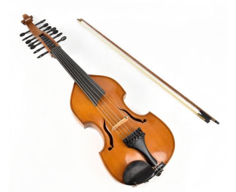 A modern viola d'amore, unlabelled, cased with a simple bow.Additional InformationMajor crack to table otherwise appears good