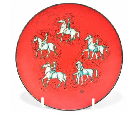 A mid 20th century German base metal and enamel shallow bowl decorated with a female figure and five horses, indistinct monog