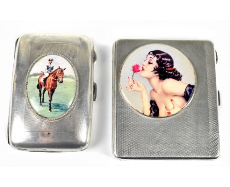 WILLIAM NEALE LTD; a George V hallmarked silver cigarette case with engine turned decoration and later applied panel of a mai