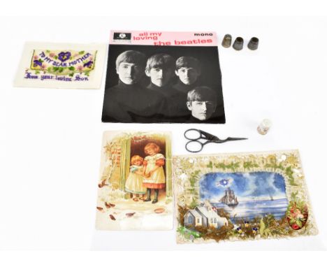 A group of collector's items including, a pair of stork scissors, enamel thimble, etc.