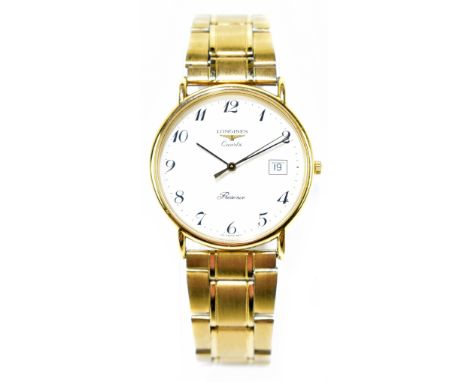 LONGINES; a gentleman's Presence Quartz wristwatch, the white dial set with Arabic numerals and subsidiary date aperture, dia