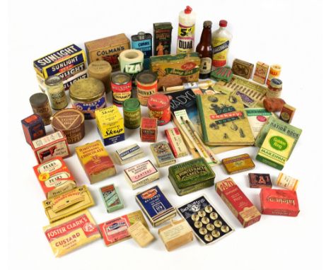 A large collection of vintage product boxes and tins, etc, including Colman's Starch, Sunlight Soap, Golden Ring Marzipan, Iz