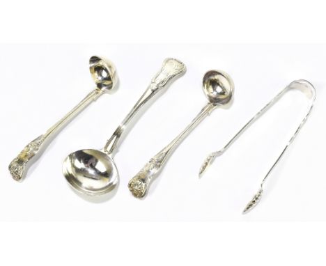 A pair of Scottish hallmarked silver King's pattern sugar tongs, Glasgow 1830, a pair of Victorian King's pattern toddy ladle