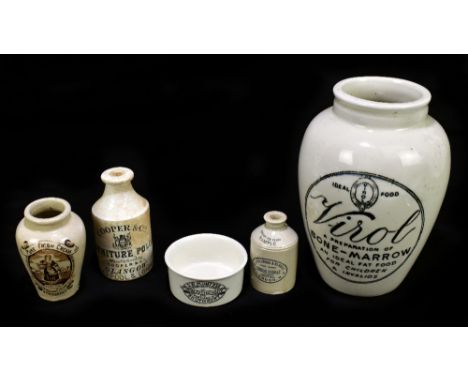 Five pieces of advertising ceramic including a large Virol Bone Marrow jar, height 23cm, Cooper &amp; Co Furniture Polish, G.