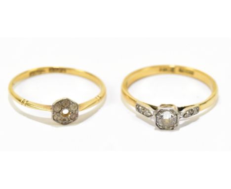 An 18ct yellow gold and platinum dress ring set with a central diamond and diamonds to the shoulders, size N, and an 18ct yel