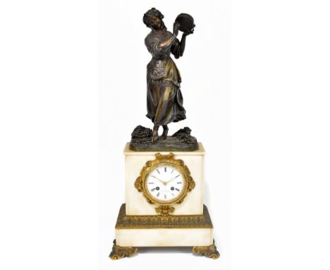 S DAVAULX; a 19th century French mantel clock, with bronzed metal surmount of a maiden playing a tambourine above the alabast
