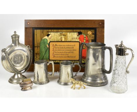 A 19th century pewter glass bottom twin handled loving cup, height 23cm, with a pewter pilgrim flask, two tankards, a silver 