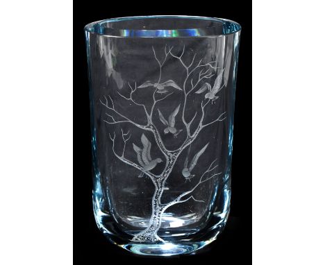 STROMBERG; a contemporary Swedish art glass vase with etched decoration depicting birds perched on a tree, signed to base, he