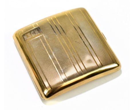 A 9ct yellow gold cigarette case of rounded rectangular form with engine turned decoration and engraved initials 'MSGM', 8 x 