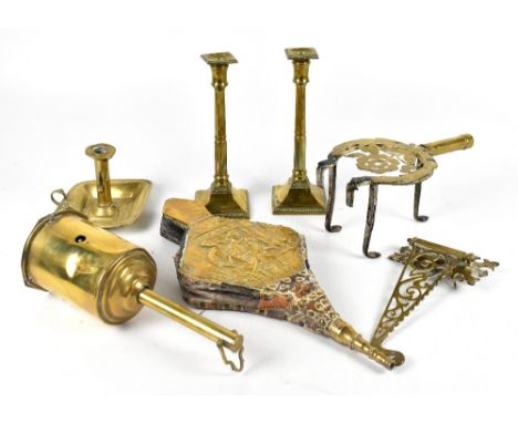 A brass Corinthian column standard lamp on four paw feet, height including fitting 139cm, and brass plated bellows and assort