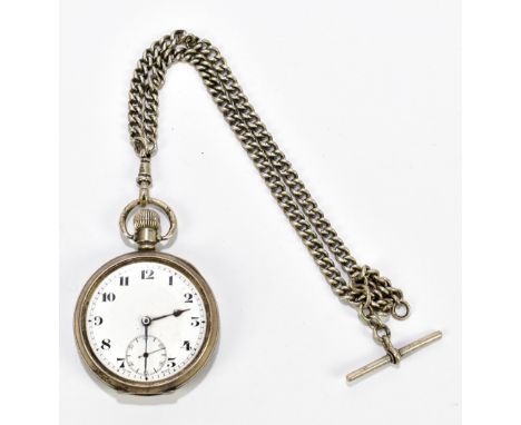 A hallmarked silver crown wind open face pocket watch, the enamel dial set with Arabic numerals and subsidiary seconds dial, 