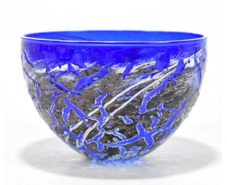 M ANDRES; an enamelled blue glass bowl, signed and dated 2006 to the underside, height 10cm