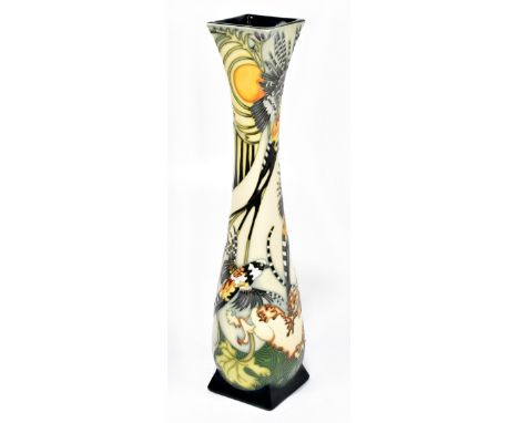 SIAN LEEPER FOR MOORCROFT; a tapering cylindrical vase with square shaped neck, decorated in the 'Chase' pattern, height 36cm