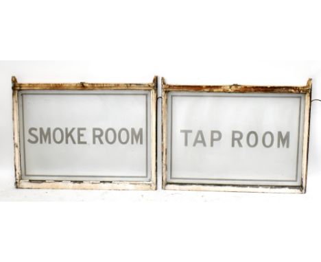 Two vintage ex-glass panels in wooden frames 'Smoke Room' and 'Tap Room', each approx 88 x 114cm (2).