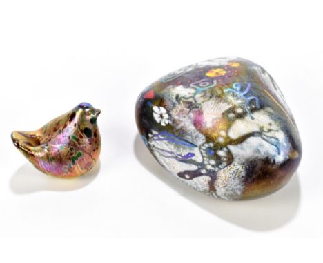CHRIS PANTANO (Australian, born 1948); an art glass paperweight with iridescent body and hieroglyphs style decoration, signed