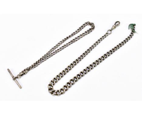 Two hallmarked silver Albert chains, the smaller example with T-bar, length of largest example 34cm, combined approx 58g.Addi