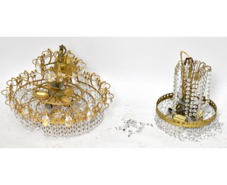 A brass and cut glass ceiling light, diameter approx 40cm, and a similar smaller example, diameter 20cm.