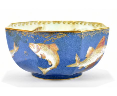 WEDGWOOD; an octagonal bowl decorated with fish to the interior and exterior, with gilded highlights, height 7.5cm, diameter 
