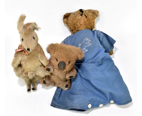 A vintage plush teddy bear, a plush kangaroo and joey and a further plush bear (3).