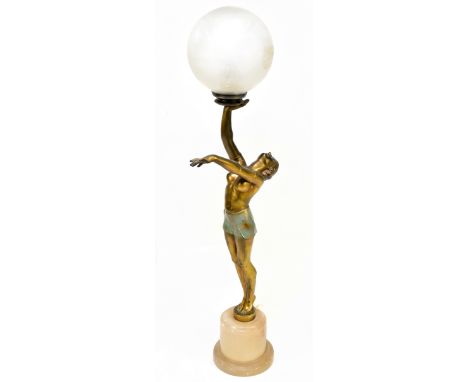 'Titty Farfar', a bronzed and painted spelter Art Deco table lamp modelled as a semi naked young woman holding the globe alof